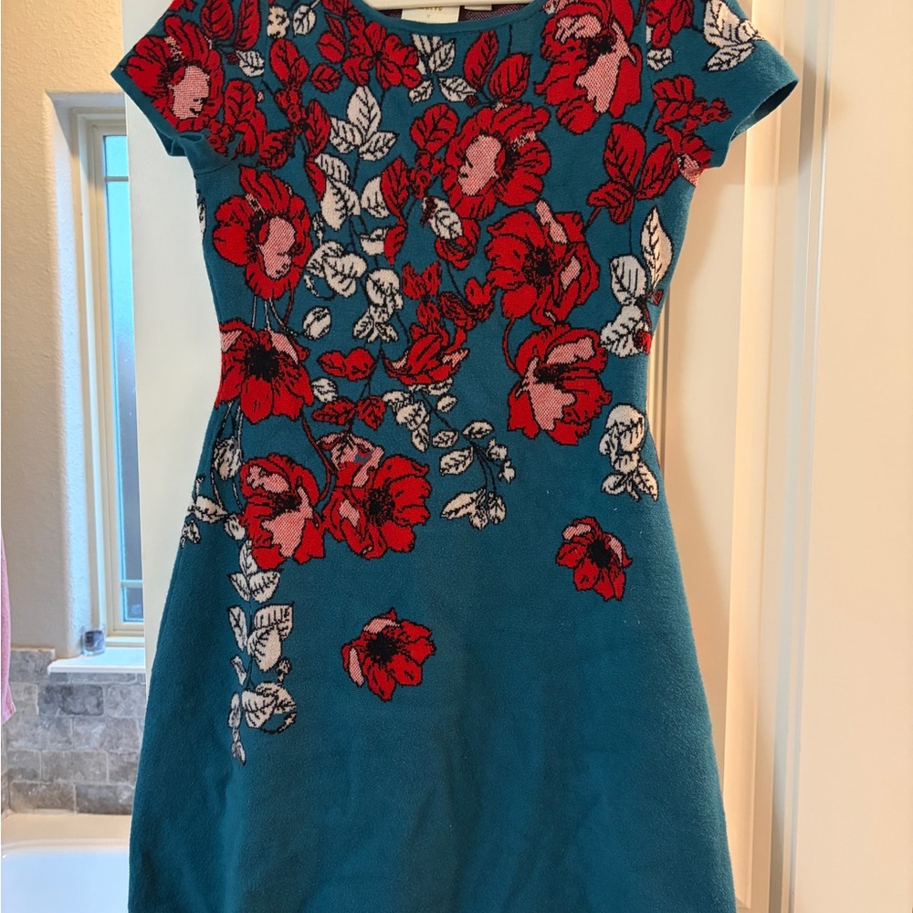 Teal Floral Knit Dress with Red Blossom Print